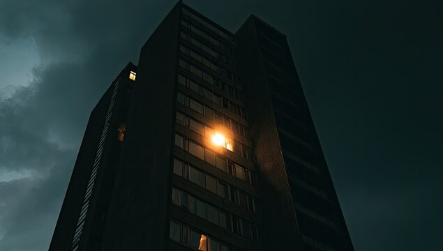 Towering dark building against stormy sky, lit by a few windows