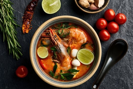 Vibrant tom yum soup with shrimp in a ceramic bowl on a dark textured surface, surrounded by fresh ingredients like cherry tomatoes, lime wedges, herbs, and spices