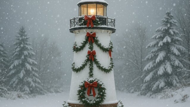 Festive lighthouse amidst snowy forest