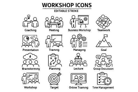 Workshop, Training and Team Management Line Icon Set