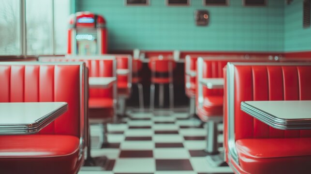 Photography of a retro diner interior, red vinyl booths, checkered floor, and chrome accents