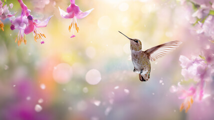 Naklejka premium A beautiful hummingbird in mid-flight hovering near vibrant pink flowers, set against a soft, dreamy bokeh background, capturing the elegance of nature and spring.