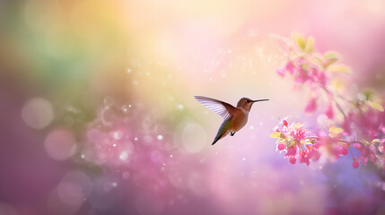 Naklejka premium A graceful hummingbird hovering in the air near blooming pink flowers in a garden, highlighted by magical soft bokeh and warm lighting, perfect for nature themes.