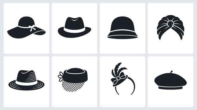 Hat silhouette icon set vector fashion headwear collection for style and accessory design