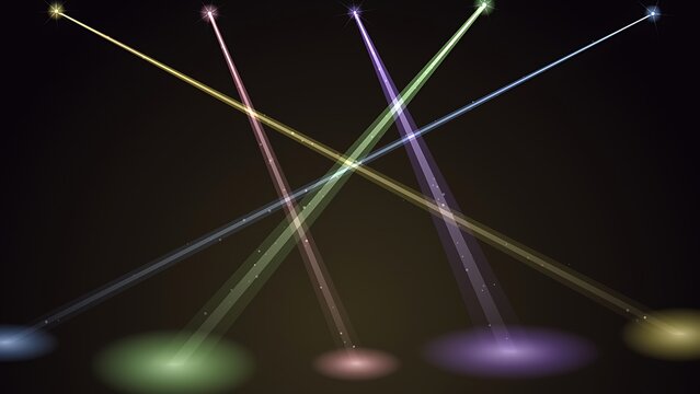 Multiple colorful spotlights casting diagonal beams and floor projections in dark environment with spotlight illumination performance background entertainment lightbeam spotlights lighting