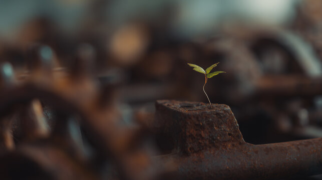 A small plant sprout growing through a hole in an aged, rusted metal gear, signifying nature's reclaiming of industrial spaces and the cycle of renewal and growth.