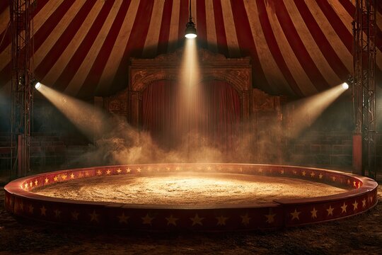 Empty, spotlight-lit circus ring awaits performers under a striped tent