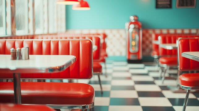 Photography of a retro diner interior, red vinyl booths, checkered floor, and chrome accents