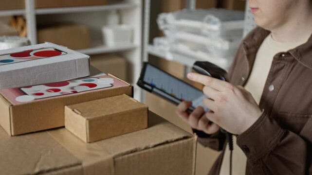 Caucasian young adult man scanning barcodes on cardboard boxes with barcode scanner and using tablet in warehouse. Suitable for ecommerce logistics and order fulfillment videos