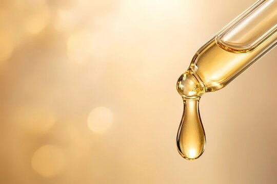 Macro shot of golden luxury oil drop dripping from glass dropper bottle