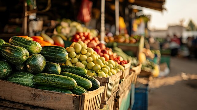 Photography of a vibrant, colorful fruit and vegetable market stall,