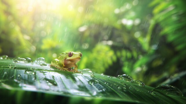 A small frog perched on a vibrant tropical leaf during a gentle rain, with water droplets glistening in the lush, soft-focus rainforest background, emphasizing wild beauty.