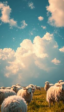 Tiny sparkling clouds floating above fluffy white sheep, farm, scenery