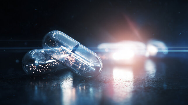 Abstract futuristic medical pill capsule glowing with internal light, set against a dark surface. Represents pharmaceutical innovation, advanced technology, and healthcare.