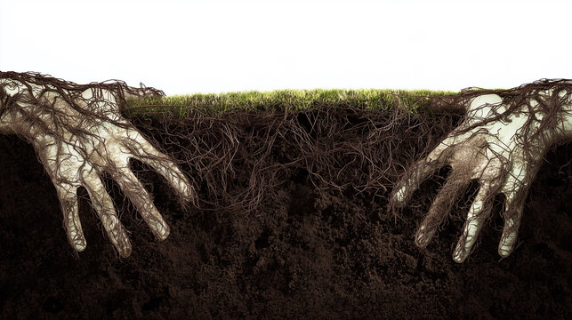 Surreal conceptual art depicting human hands emerging from dark, rich soil, intertwined with plant roots, symbolizing connection to earth, rebirth, and the cyclical nature of life.