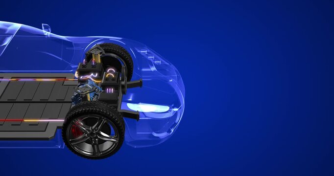 X-ray view of electric vehicle chassis with floor battery pack and electric motor. EV Cars Technology Related 4K 3D Animation.