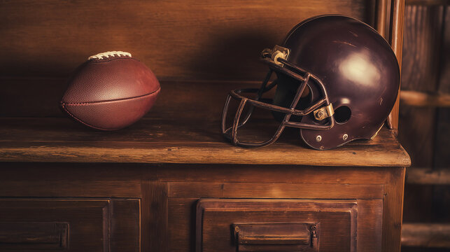 A vintage, aged American football helmet sits beside a classic leather football on an old, dark wooden cupboard, capturing the essence of historical sports memorabilia and nostalgic gridiron memories.