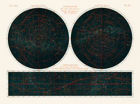 Constellations of the Two Hemispheres, a celestial chart of the two hemispheres in the night sky. Vintage poster.