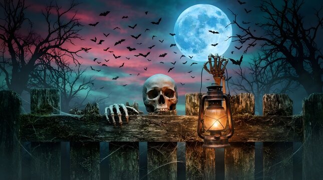 A mesmerizing halloween background featuring a spooky illuminated skull amidst a chilling nightscape complete with a full moon silhouetted bats and a haunted house perfect