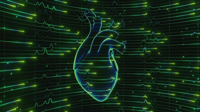 Seamless loop of anatomical human heart surrounded by glowing cardiogram pulse waves. Digital futuristic medical interface model showing dynamic heartbeat telemetry and medical science background.