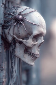 Realistic skull incorporated in biomechanical dark wall with vertical pipes and cables, cybernetic design, tarantula spider on skull, colorful reflexes, high-contrast futuristic industrial concept