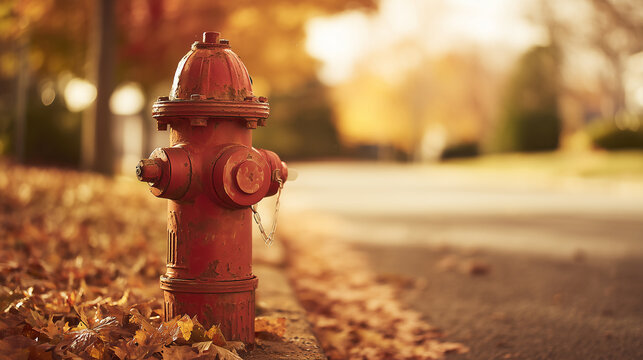 A classic red fire hydrant standing on a sidewalk during a beautiful autumn day, surrounded by fallen leaves, creating a warm, nostalgic, and peaceful suburban atmosphere scene.
