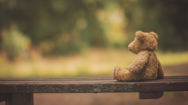 A lonely, weathered teddy bear sitting on a wooden bench in a park, symbolizing childhood innocence, nostalgia, forgotten memories, and a quiet moment of reflection and loss.
