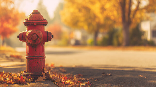 Close-up of a vibrant red fire hydrant in an autumn setting with golden trees in the background, capturing the essence of a crisp, cozy, and quiet neighborhood fall afternoon.