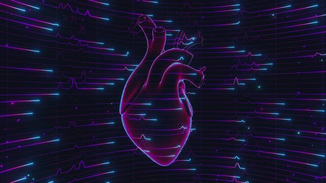 Seamless loop of anatomical human heart surrounded by glowing cardiogram pulse waves. Digital futuristic medical interface model showing dynamic heartbeat telemetry and medical science background.