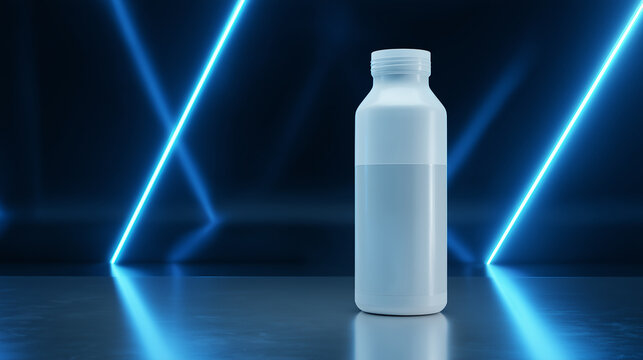 A white cosmetic bottle mockup stands on a smooth reflective surface against a dark background with vibrant blue neon light streaks, perfect for modern branding and beauty.