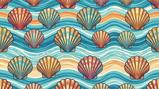 Colorful seashells and ocean waves seamless pattern beach summer background.