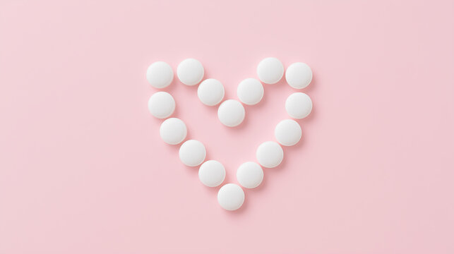 A heart shape carefully arranged with white pills on a soft, pastel pink background, symbolizing health, love, care, medical wellness, and heart health awareness concept.
