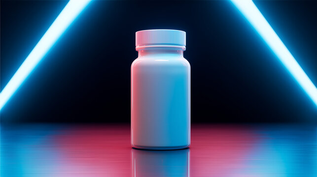 A white supplement bottle on a reflective metallic surface, illuminated by striking blue and red neon lights in a dark, moody environment, highlighting a professional look.