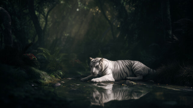 A majestic white tiger lies in a dark, mysterious jungle beside a quiet stream, reflecting its powerful presence in the water under soft, ethereal forest lighting.