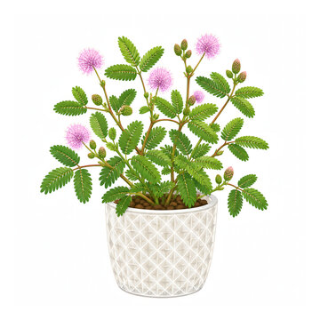 Mimosa pudica sensitive plant in a ceramic pot with pink fluffy flowers and delicate leaves vector doodle art illustration 1