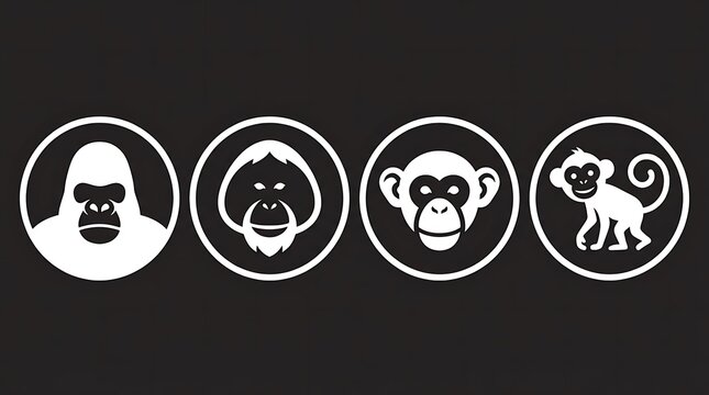 Minimalist white primate head icons on black circles.