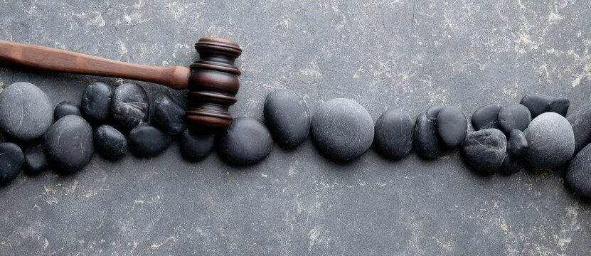 Wooden mallet striking black pebbles on gray stone surface