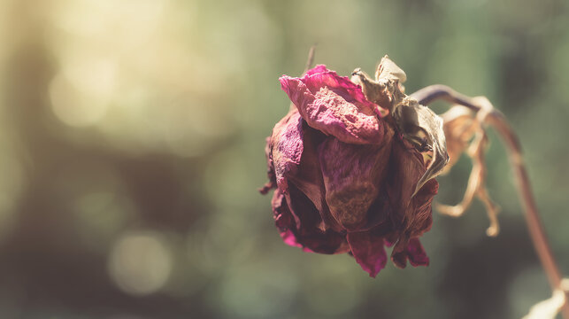 An artistically captured withered rose against a soft, blurry background, representing the beauty found in decay and the inevitable cycle of life and nature.