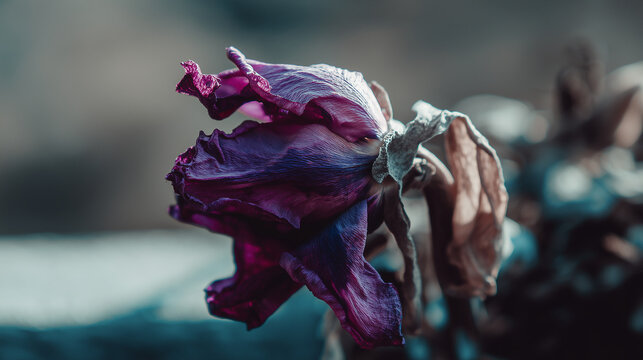 A close-up of a delicate, dried purple flower, symbolizing loss, passage of time, decay, nostalgia, and the fragile beauty of life in its final stage, captured with moody lighting.