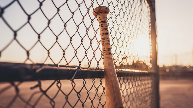 A wooden baseball bat leaning against a wire fence on a field at sunset, capturing the essence of sports, youth, training, anticipation, and the classic American baseball culture.