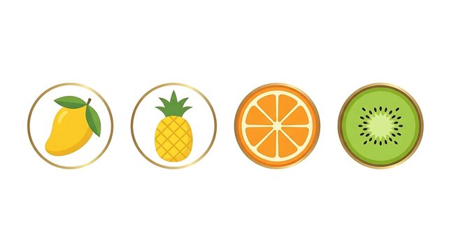 Round tropical fruit badges.