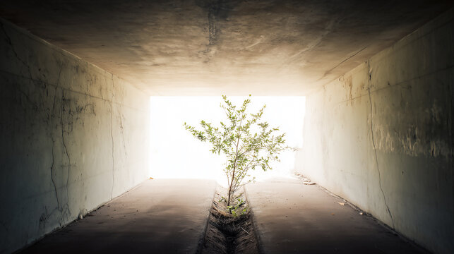 A small green plant growing in the middle of a concrete tunnel towards the bright light, symbolizing hope, growth, perseverance, resilience, and finding a way out of darkness.