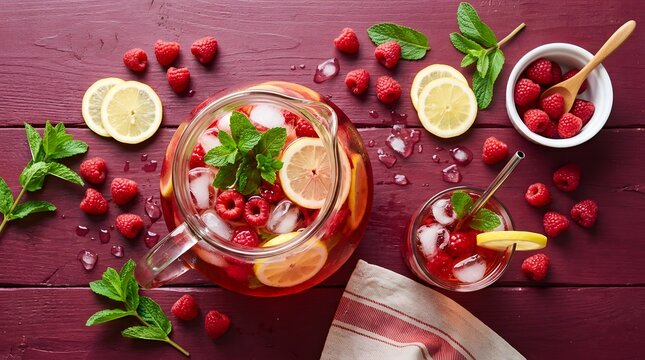 Refreshing raspberry and lemon infused drink with ice and mint garnish