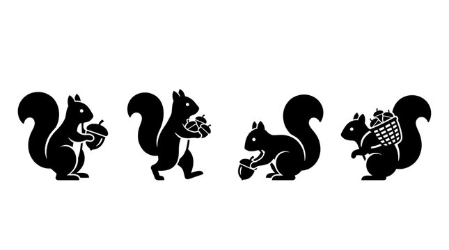 Set of black squirrel silhouettes with acorns.