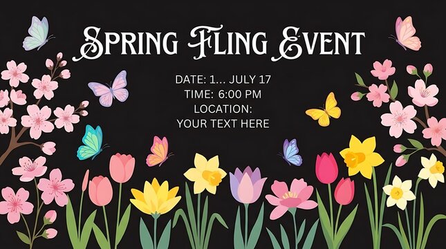 Spring fling event poster with tulips and butterflies.