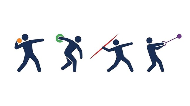Track and field throwing athletes blue silhouette set.