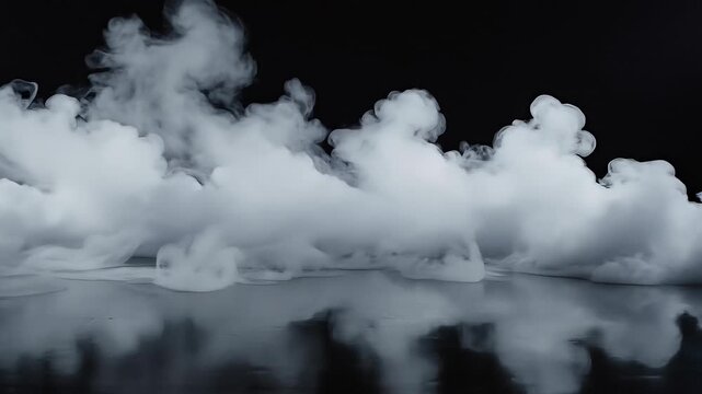 Thick white smoke cloud with reflection on black surface for abstract background and atmospheric effect