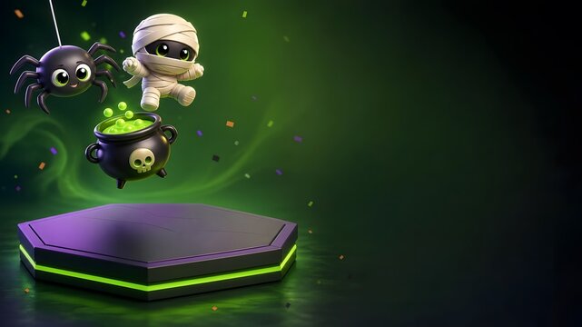 Spider mummy and green cauldron levitating over hexagon dark base