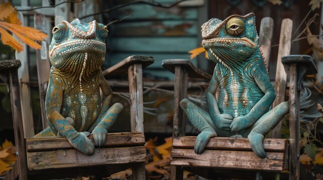 Two chameleons sitting on chairs.