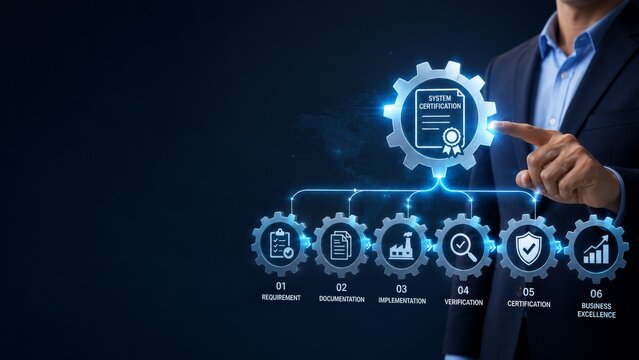 Businessman Pointing at Gear Process for System Certification Concept, Illustrating Steps of Documentation, Implementation, Verification, and Business Excellence with Digital Elements